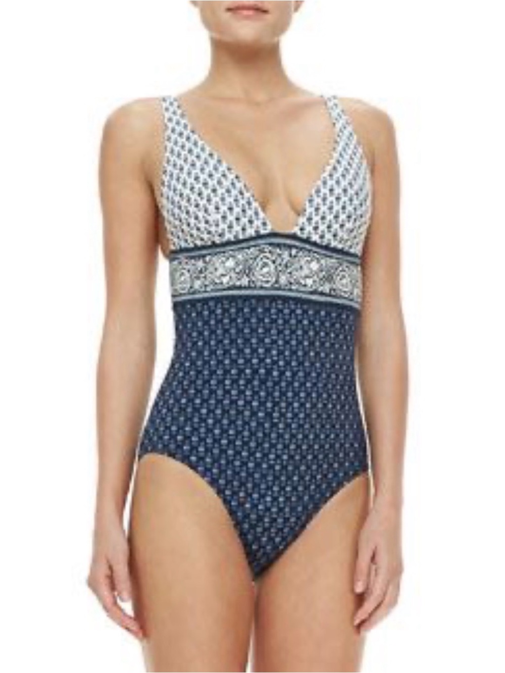 Tory Burch Navy and White Printed V-Neck One-Piece Swimsuit